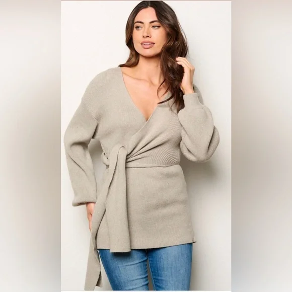 WOMEN'S LONG SLEEVE SELF TIE WRAP RIBBED BLOUSE GRAY TOP - Picture 2 of 3